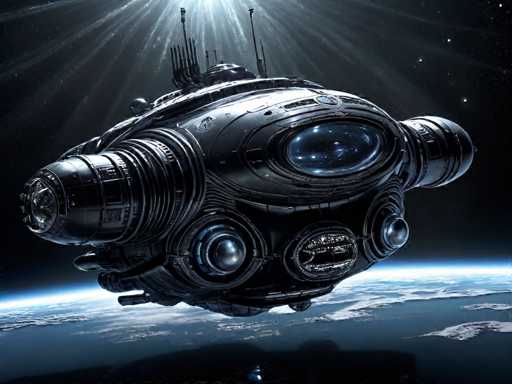 A futuristic, dark, and detailed image of a large, sleek spaceship hovering above Earth. The spaceship is predominantly black with intricate metallic details and glowing blue lights embedded within its design. It has a rounded, almost organic shape with multiple circular components and what appear to be engine nacelles. The Earth is a vibrant blue, showing swirling clouds and hints of landmasses below. Bright beams of light emanate from above the spaceship, possibly indicating a powerful energy source or atmospheric effects. The overall scene is dramatic and evokes a sense of advanced technology and space travel.