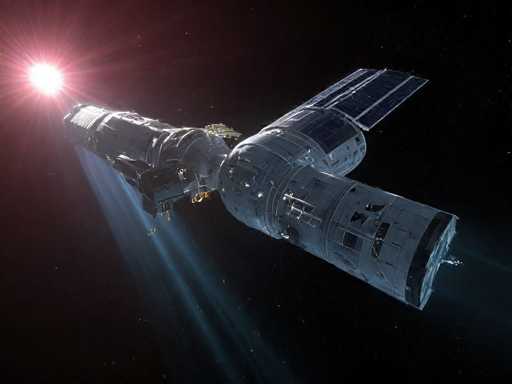 A futuristic, large space station in deep space is bathed in the warm glow of a distant star. The station appears to be a complex, cylindrical structure with multiple sections and solar panels, suggesting advanced technology. The overall scene is one of vastness and technological wonder, with the station positioned against a backdrop of twinkling stars. The lighting emphasizes the sleek design and intricate details of the spacecraft, highlighting its potential for long-term space travel.