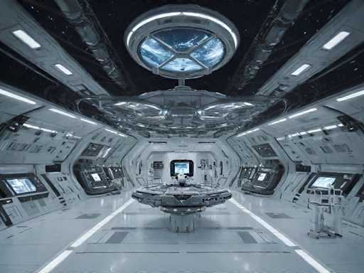 The image shows an empty space station with a large circular window at the center that is illuminated by blue light and displays a globe. The walls of the station are white, and there are various pieces of equipment scattered throughout the room.