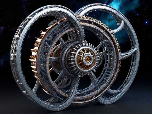 The image shows an intricate metal sculpture composed of multiple rings and gears arranged in a complex pattern against the backdrop of a starry night sky. The sculpture is predominantly silver with gold accents, giving it a metallic sheen that reflects light beautifully. The perspective of the image is from below, looking up at the sculpture, which enhances its grandeur and prominence.