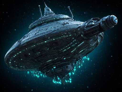 A detailed, futuristic spaceship in a dark space setting. The ship is predominantly dark gray and silver, with glowing teal accents highlighting its intricate design. It has a wide, disc-like body with numerous panels and structures, suggesting advanced technology. The ship is positioned in a dynamic pose, angled slightly to the left, with its underside extending downwards and glowing teal lights emanating from various points. The background is a deep, dark space with scattered stars and a subtle blue glow in the distance, creating a sense of depth and vastness. The overall lighting emphasizes the ship's intricate details and glowing elements, making it a visually striking and futuristic design.