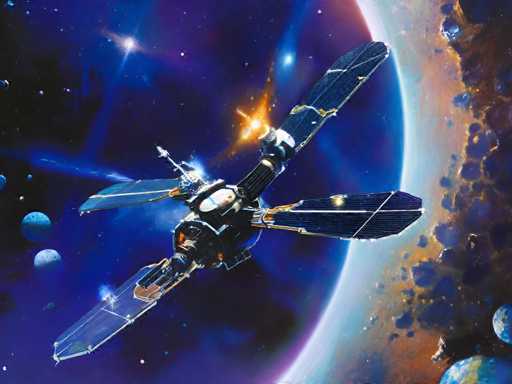 The image depicts a detailed, computer-generated scene of a satellite floating in outer space. The satellite, which is primarily black with white trim, features four large solar panels extending from its central body. It appears to be in the process of firing a laser, as indicated by an orange flame emanating from its rear. The background is a deep, dark blue, dotted with numerous stars and planets. To the right of the satellite, a large planet is visible, characterized by a mix of blue, brown, and orange hues, with a distinct white ring encircling it. Additionally, there are smaller planets scattered on the left side of the image. The overall composition captures the vastness and complexity of space, emphasizing the satellite's intricate design and its interaction with the cosmic environment.