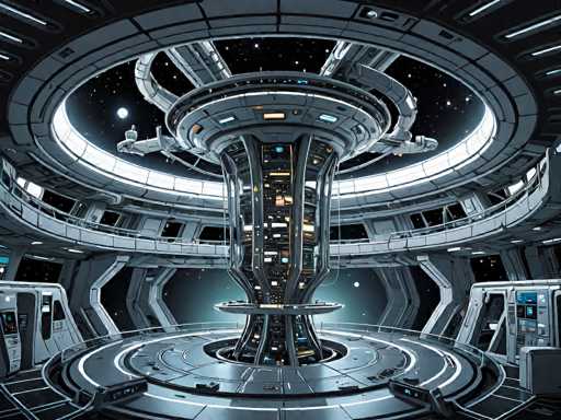 The image depicts a highly detailed, futuristic interior of a spaceship, likely AI-generated. The scene is dominated by a central tower that extends from the floor to the ceiling, adorned with numerous lights and intricate controls. Surrounding this tower are multiple circular levels, each encircled by railings and illuminated by bright lights. The uppermost level features a large circular opening, through which the starry expanse of space is visible, including a prominent moon and several stars. The color palette is predominantly gray, with accents of blue, yellow, and orange, enhancing the high-tech, sci-fi atmosphere. The overall design is sleek and advanced, with no visible human presence, emphasizing the automated and futuristic nature of the spacecraft's interior.