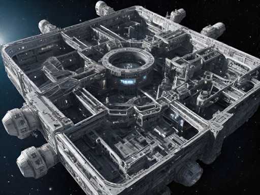 This image depicts a highly detailed, computer-generated rendering of a futuristic spacecraft floating in outer space. The spacecraft is a large, square-shaped vessel with a hollow center, revealing its intricate interior layout. The structure is predominantly gray and features multiple levels, interconnected by a network of hallways and rooms. At the heart of the spacecraft is a prominent circular area, possibly serving as a command center or main living quarters, illuminated by a blue light. Surrounding this central hub are various compartments, including what appear to be living quarters, storage areas, and possibly a kitchen. The spacecraft is equipped with eight cylindrical engines, four on each side, suggesting advanced propulsion capabilities. The background is a vast expanse of black space dotted with stars, enhancing the sense of isolation and vastness. The image is devoid of any text, allowing the viewer to fully appreciate the complexity and design of this advanced spacefaring vessel.