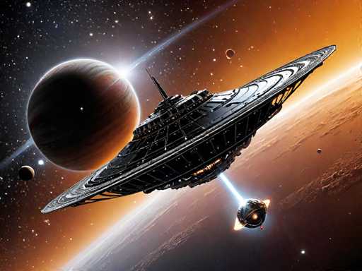 A sleek, futuristic spaceship is shown in a dynamic, low-angle view against a backdrop of a vibrant, swirling nebula and distant planets. The spaceship is predominantly dark gray with glowing orange accents along its edges and engine ports, suggesting advanced technology. It's positioned in the foreground, angled diagonally across the frame, with a bright beam of light emanating from its rear, possibly indicating propulsion or energy emission. 

In the background, a large, reddish-brown planet dominates the left side of the image. It's partially obscured by a bright, hazy glow that could be a star or a distant nebula. Several smaller celestial bodies are visible in the background, including a small, rocky moon and a few distant planets. The overall color palette is warm, with oranges, reds, and yellows dominating the scene, contrasted by the dark silhouette of the spaceship. The image has a sense of depth and vastness, emphasizing the scale of space travel and exploration.