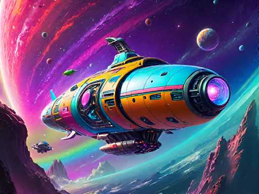 The image depicts an orange and blue spaceship with a yellow antenna on top, floating through the sky surrounded by planets and stars. The spaceship is moving towards the right side of the frame.