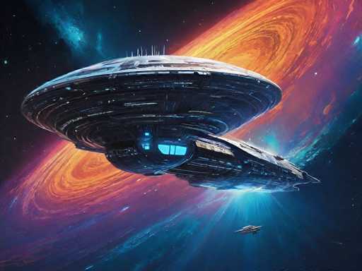 The image depicts a detailed, computer-generated scene of a large, circular spaceship with a smaller, elongated section extending from its bottom right. The spaceship, predominantly black with blue lights and white spikes protruding from its top, is set against a backdrop of a vibrant galaxy. The galaxy features swirling patterns of orange, red, purple, and blue hues, with a particularly bright blue light emanating from the bottom right corner. The background is a deep, dark blue, dotted with numerous stars, enhancing the cosmic atmosphere. Additionally, a smaller spaceship can be seen in the bottom right corner, adding depth to the scene. The overall composition suggests a sci-fi setting, possibly from a video game or animated series, with the spaceship appearing to be in motion towards the left side of the image.