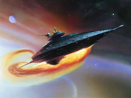 The image depicts a detailed, futuristic spaceship reminiscent of the Millennium Falcon from Star Wars, though it is not explicitly identified as such. The spacecraft is predominantly black with a pointed front and a rounded back, featuring a small tower-like structure on top. It appears to be in motion, possibly engaged in combat, as indicated by the presence of a gun turret on the top left. The background is a vibrant, colorful depiction of outer space, with a mix of black, red, yellow, and orange hues. A large planet is visible in the top left corner, while a smaller planet can be seen in the bottom right. The scene is further accentuated by swirling flames and smoke around the spaceship, suggesting it has just fired a weapon. The overall composition is dynamic and action-packed, capturing the essence of a high-speed space adventure.