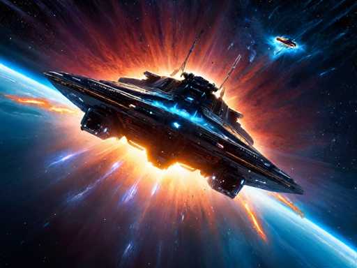 The image depicts a detailed, computer-generated scene of a large, black spaceship with a triangular shape and a flat bottom, flying through space. The spaceship is adorned with blue lights and features three prominent antennas: two on the right side and one on the left. It appears to be moving rapidly, as evidenced by the vibrant, fiery trail of orange and yellow flames emanating from its rear. The background is a deep, dark blue sky dotted with numerous stars, enhancing the sense of vastness and depth. Below the spaceship, a planet with a blue atmosphere and white clouds is visible, adding to the cosmic setting. In the upper right corner of the image, a smaller, oval-shaped spaceship with a blue glow can be seen, seemingly trailing behind the larger vessel. The overall composition suggests a dynamic and intense scene, possibly from a science fiction movie or video game.