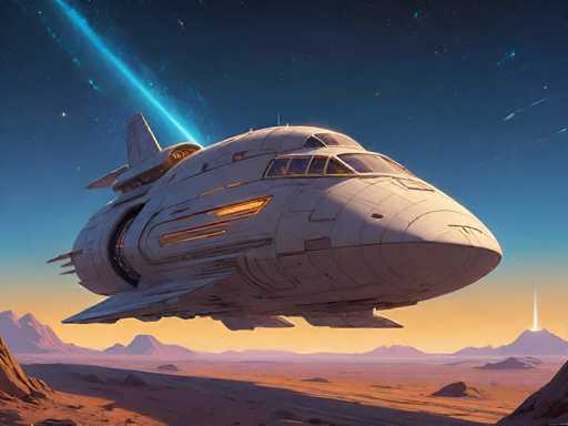 The image depicts a detailed, computer-generated scene of a futuristic spaceship landing on a barren, desert-like planet. The spaceship, which has a sleek, white exterior with a pointed nose and a rounded body, features a large cockpit window at the front and additional windows along its sides. The back of the ship is equipped with a prominent fin and several protruding elements, including what appear to be weapons or thrusters. A blue beam of light emanates from the rear of the spacecraft, illuminating the surrounding area. The planet's surface is characterized by reddish-brown sand and scattered rocks, with a few distant mountains visible on the horizon. The sky above transitions from a deep blue to a lighter hue near the horizon, dotted with stars and streaked by shooting stars. A bright light can be seen rising from one of the distant mountains, adding to the otherworldly atmosphere of the scene.