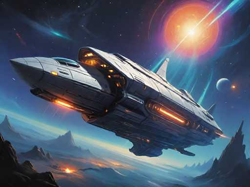 This detailed digital artwork depicts a futuristic spaceship soaring through the vastness of outer space. The spaceship, predominantly gray with a sleek, pointed nose, features a large cockpit at the front and a prominent fin at the back. The vessel is illuminated by vibrant orange lights along its sides and bottom, enhancing its dynamic appearance. It appears to be in motion, possibly preparing for landing on a distant planet or moon. The backdrop is a mesmerizing expanse of deep blue and black, dotted with stars and distant planets. A striking feature of the scene is a large, glowing orange star situated in the upper right corner, casting an ethereal light across the sky. Below the spaceship, jagged mountain peaks and a body of water are visible, adding depth to the landscape. The overall composition captures the essence of space exploration with its vivid colors and intricate details.