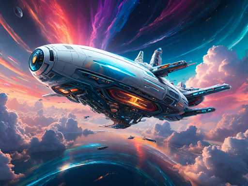 A futuristic, sleek spaceship gracefully soars through a vibrant, swirling nebula. The ship is predominantly white with glowing blue and orange accents, showcasing intricate mechanical details. It's surrounded by fluffy, colorful clouds in shades of pink, purple, and blue, with a deep, starry sky providing the backdrop. Several smaller spaceships are visible in the distance, adding to the sense of scale and vastness. The overall style is highly detailed and imaginative, evoking a sense of wonder and advanced technology.