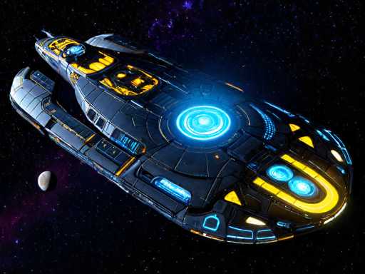 This image depicts a highly detailed, futuristic spaceship set against a dark, star-studded background. The spaceship, which appears to be computer-generated, is predominantly black with striking yellow and blue accents. Its design is reminiscent of a Star Trek vessel, featuring a large, glowing blue circle at the front that resembles a tractor beam or a main propulsion system. The ship's structure includes a pointed nose and a flat, rectangular midsection, with a cabin area that emits a yellow glow. The rear of the spaceship is rounded and also illuminated in blue. Surrounding the vessel are numerous stars, with a particularly bright cluster in the upper right corner, and a purple nebula-like formation in the lower left. Additionally, a small, grayish moon is visible in the lower left portion of the image, enhancing the cosmic setting.