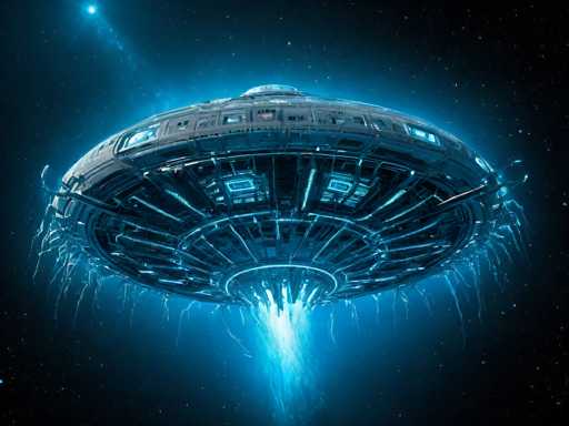 The image depicts a highly detailed, computer-generated, science fiction scene featuring a large, circular spaceship reminiscent of a flying saucer. The spacecraft is predominantly gray with a metallic sheen and is adorned with numerous lights and windows, giving it a futuristic appearance. The underside of the ship reveals intricate mechanical components, including what appear to be engines or propellers emitting a bright blue light. This blue glow extends upwards, illuminating the entire underside of the ship. The background is a deep, dark blue, almost black, dotted with stars, enhancing the space setting. In the upper left corner, a bright blue star or planet is visible, adding to the celestial ambiance. The overall composition suggests the ship is either ascending or descending, with the blue light emanating from the bottom creating a dramatic effect against the starry backdrop.