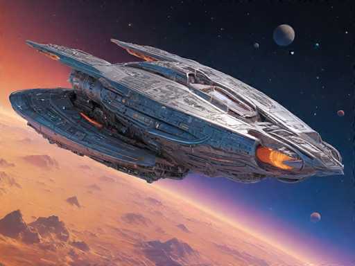 A futuristic spaceship gracefully soars above a vibrant, orange-hued planet. The ship is sleek and metallic, with intricate details suggesting advanced technology. Its design features sharp angles, glowing engine ports emitting a warm orange light, and large, wing-like structures. The planet below is bathed in a soft glow, with swirling clouds and rocky terrain visible. Several distant moons are scattered across the dark expanse of space, adding to the cosmic atmosphere. The overall scene is one of awe-inspiring scale and technological wonder.
