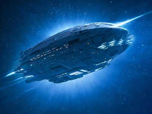 The image depicts a futuristic spaceship resembling a large, oval-shaped airship or blimp, set against a dark blue, star-studded sky. The spaceship, primarily blue with white lights, features a prominent front section that is more rounded, while the rear tapers into a pointed shape. The vessel is adorned with numerous lights along its sides and front, and it appears to be in motion, as evidenced by the light beams emanating from its back. The overall scene is bathed in a blue hue, enhancing the otherworldly and sci-fi atmosphere of the image.