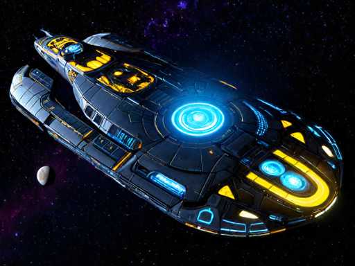 The image shows a futuristic space ship with a blue and yellow color scheme. The ship is equipped with multiple lights on its top and has a large circular window at the center of its body. The background features a starry sky filled with purple and white stars, suggesting that the photo was taken in outer space or near a planet's atmosphere.

The ship appears to be moving through space, possibly towards another planet or galaxy.