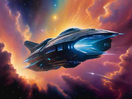 This detailed digital artwork depicts a futuristic spaceship, reminiscent of designs from Star Wars or Star Trek, set against a vibrant cosmic backdrop. The spaceship, primarily black with blue and yellow accents, features a sleek, elongated body with a pointed nose and a tail fin. The rear of the ship emits a bright blue flame, suggesting it is in motion. The background is a stunning blend of dark space with stars, interspersed with swirling clouds in shades of orange, pink, purple, and blue. The clouds are illuminated by a radiant light source, possibly the sun, creating a dramatic contrast with the dark expanse. The overall scene captures the spaceship as it glides through this colorful, ethereal space, evoking a sense of adventure and exploration.