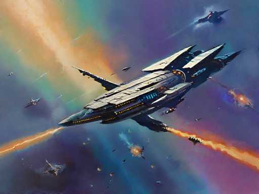 The image depicts a dynamic scene of a futuristic spacecraft battle set against a vibrant, rainbow-hued sky. The central focus is a large, gray spaceship with a pointed nose, adorned with yellow lights along its sides and blue lights on its back. This spaceship is surrounded by numerous smaller craft, all engaged in combat. Flames and explosions are visible, particularly from the bottom right corner where a craft is being blown up. The sky is a mesmerizing blend of purple, blue, green, yellow, and orange hues, with beams of light cutting through the colorful backdrop. The overall composition suggests a high-energy, action-packed moment in a sci-fi setting.