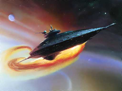 The image depicts an alien spaceship soaring through a star-studded sky. The spaceship is painted in shades of black and orange, with the hull glowing in hues of red and yellow as it moves towards the right side of the frame. The background features a blend of purple and blue colors, creating a sense of depth and vastness. The image does not contain any discernible text or countable objects, making it an abstract representation of space travel.