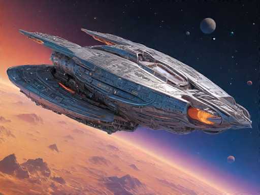 The image depicts a detailed, futuristic spaceship reminiscent of designs from Star Trek or Star Wars. The spacecraft, primarily gray with blue and silver accents, features a pointed nose and a large, oval-shaped body. It has two prominent wings extending from the top and a smaller wing at the bottom. The front of the ship is illuminated by a bright orange light, suggesting an engine or propulsion system in action. The background showcases a dark, star-studded sky with a gradient of colors, transitioning from deep blue to purple and orange. A large planet, possibly Mars, dominates the lower left corner, while several smaller planets are scattered across the upper right. The overall scene is set in outer space, with the spaceship appearing to be in motion, possibly preparing for landing on the distant planet.