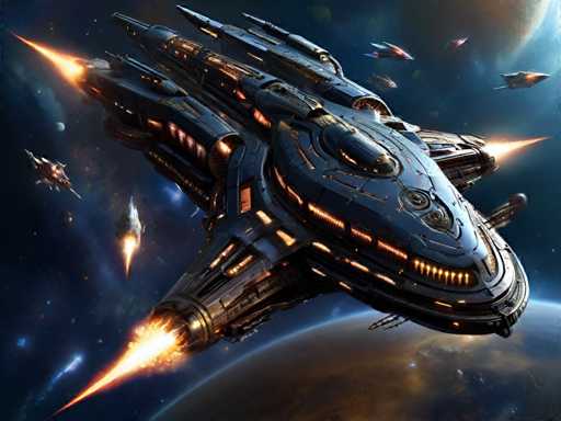 The image depicts a large spaceship with multiple levels and windows, painted in shades of blue and orange. The ship is equipped with several engines and has a pointed nose, giving it an imposing appearance. The background shows the vast expanse of space filled with stars and planets, creating a sense of depth and scale.