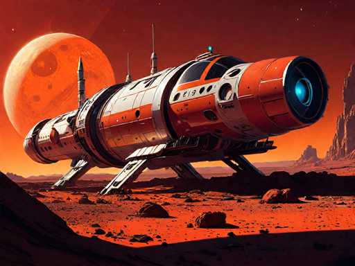 A futuristic, orange and white spaceship rests on a red, rocky surface under a large, orange moon in a vibrant sci-fi landscape. The spaceship is sleek and cylindrical with multiple docking ports, windows, and a prominent blue engine nozzle at the front. The landscape is barren but textured with rocks and dust, bathed in a warm, orange light. In the background, distant mountains rise under the expansive sky dotted with a few stars. The overall mood is one of exploration and otherworldly adventure, typical of science fiction art.