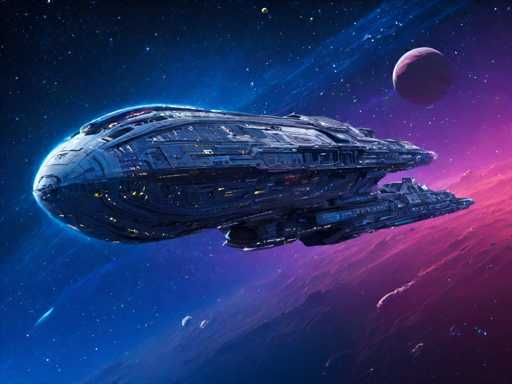The image depicts a large spaceship with multiple levels and windows, painted in shades of blue and silver, floating in the vast expanse of space. The spaceship is moving towards the right side of the frame, leaving behind a trail of stars that stretch out into infinity. In the background, there are two planets - one red and one purple, adding to the cosmic ambiance of the scene.