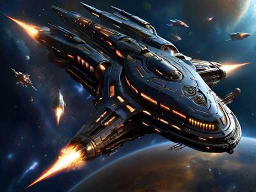 The image depicts a highly detailed, futuristic spaceship set against the backdrop of outer space. The spaceship, which appears to be a blend of science fiction and advanced technology, features a sleek, elongated design with a pointed front and a more rounded rear. It is primarily black with intricate orange lighting accents that run along its sides and front, giving it a dynamic and high-tech appearance. The vessel is equipped with multiple engines, each emitting bright orange flames, indicating it is in the process of taking off or maneuvering. Surrounding the main spaceship are several smaller craft, also emitting flames from their engines, suggesting they are part of the same fleet or engaged in some form of space activity. The background showcases a dark expanse of space dotted with stars, and a large planet is visible at the bottom of the image, adding to the cosmic setting. The overall scene is vibrant and action-packed, capturing the essence of space exploration and advanced interstellar travel.