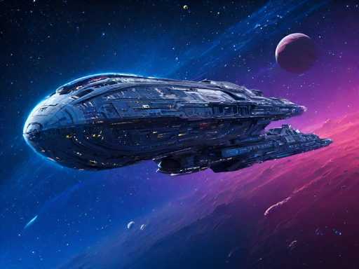 A sleek, futuristic spaceship dominates the image, soaring through a vibrant, cosmic expanse. The ship's dark, metallic surface is illuminated by glowing lights, contrasting with the deep blue and purple nebula-like backdrop. A distant planet hangs in the upper right, adding depth to the scene. The art style is digital painting, emphasizing a sense of vastness and technological wonder.