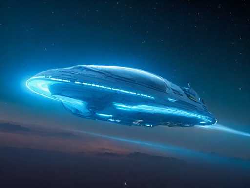 The image depicts a highly detailed, computer-generated scene of a futuristic spaceship flying through a dark, starry sky. The spaceship, which resembles a large, oval-shaped saucer or a hybrid between a blimp and a traditional spacecraft, is predominantly blue with glowing lights emanating from its underside and along its edges. The vessel features a glass cockpit at the top, suggesting a command center, and a series of rectangular windows along its sides. The background transitions from a deep blue at the top to a lighter blue and then to a reddish hue near the bottom, indicating the presence of clouds or possibly a distant planet. The spaceship appears to be in motion, leaving a trail of light behind it, and the overall scene is set against a backdrop of twinkling stars, enhancing the otherworldly atmosphere.
