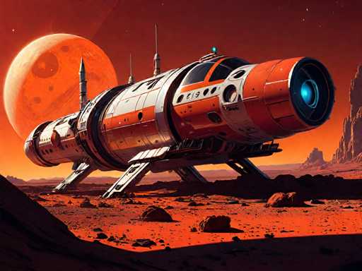 The image depicts an orange and white spaceship with a blue engine on the right side of the frame, situated on a rocky terrain under a large red moon. The background features a dark sky filled with stars, creating a sense of depth and vastness to the scene.
