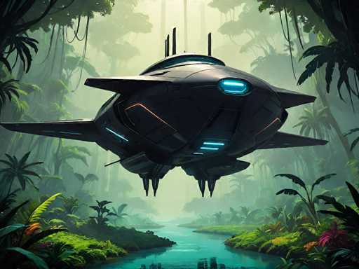 A sleek, dark spaceship hangs suspended over a lush, vibrant jungle. The ship is positioned centrally, with its glowing blue lights contrasting against the deep green foliage. Lush tropical plants frame the scene, with a bright river winding below. The art style is futuristic and slightly fantastical, emphasizing a sense of otherworldly adventure.