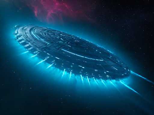 The image depicts a large, circular spaceship with a flat bottom, resembling a flying saucer or a disc. The spacecraft is adorned with intricate patterns and designs, and it emits a striking blue light from its base, creating a glowing effect around it. The background is a deep, dark blue, suggesting a space setting, with numerous stars scattered throughout. In the upper left corner, there is a vibrant pink cloud-like formation, adding a splash of color to the scene. The overall composition gives the impression of a futuristic or science fiction vessel, possibly from a video game or animated series, set against the vastness of space.