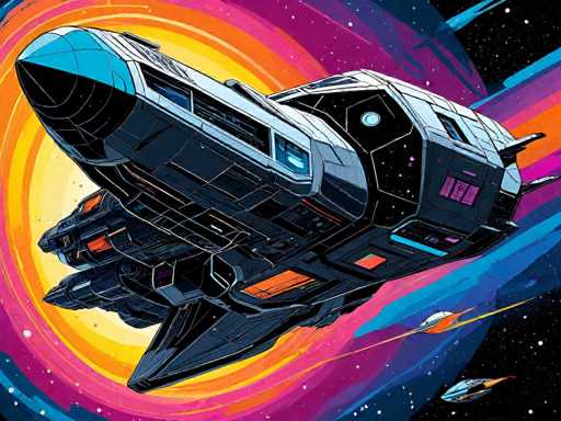 A futuristic spaceship, rendered in a vibrant, stylized illustration style. The ship is predominantly dark blue and black with glowing orange accents on its engine nacelles and wings, suggesting a powerful propulsion system. The design is sleek and angular, with sharp lines and geometric shapes. 

The spaceship is positioned in a dynamic pose, angled diagonally across the frame as if in mid-flight. It's surrounded by a swirling, colorful nebula of pink, purple, and yellow hues, with streaks of blue and teal adding depth to the cosmic backdrop. 

Two smaller spaceships are visible in the distance, one orange and one white, further emphasizing the scale of the main vessel. The overall style is reminiscent of a digital painting with bold, graphic elements and a focus on vibrant color contrasts. The illustration has a slightly retro-futuristic aesthetic, evoking the style of classic science fiction art.