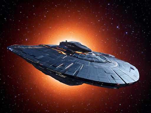 The image depicts a detailed, computer-generated rendering of a large spaceship set against a starry background. The spaceship, which resembles a saucer or frisbee shape, is predominantly black with intricate paneling and a textured surface. It features a prominent circular section at the front, possibly a cockpit or command center, which is illuminated by a bright orange light. This circular area is surrounded by a glowing orange aura that transitions into a reddish hue, creating a striking contrast against the dark, star-filled sky. The background is filled with numerous stars, enhancing the cosmic atmosphere. The spaceship appears to be in motion, possibly approaching the viewer, and the overall scene evokes a sense of advanced technology and space exploration.