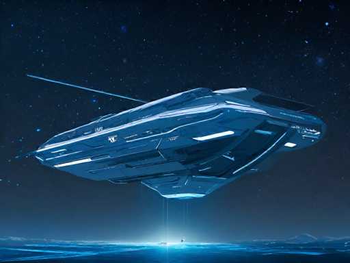 The image depicts a highly detailed, computer-generated scene of a futuristic spaceship hovering above a dark blue ocean. The spaceship, which has a sleek, rectangular shape with a pointed front and a flat back, is predominantly blue with white lights accentuating its design. It features a large antenna extending from its top left corner and a smaller one on the right side. The vessel appears to be hovering approximately 100 feet above the water, with a bright light emanating from its underside, illuminating the ocean below. The background showcases a starry night sky, adding to the otherworldly atmosphere of the scene. The overall color palette is dominated by shades of blue, white, and black, enhancing the sci-fi aesthetic of the image.
