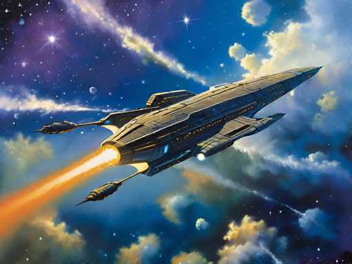 The image depicts a futuristic space shuttle soaring through the sky, leaving behind a trail of smoke as it moves from left to right across the frame. The background is filled with stars and clouds, creating an otherworldly atmosphere.