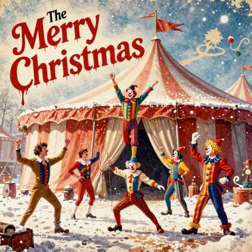 The image depicts a vintage-style poster for "The Merry Christmas" circus, set in a snowy winter scene. The main subjects are cheerful clowns performing in a festive circus tent, with snow falling and Christmas decorations visible. The composition is dynamic, showcasing the clowns in various poses of joy and celebration. The art style is retro, with a warm color palette and a slightly whimsical feel.