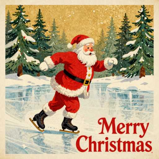 This vintage-style Christmas card features a festive illustration of Santa Claus ice skating on a frozen pond. Santa is depicted in his classic red suit with white trim, complete with a black belt and a gold buckle. He has a white beard, mustache, and eyebrows, and is wearing black ice skates. His red hat has a white pom-pom, and he appears to be enjoying himself, with his mouth open in a smile. The background showcases a serene winter scene with snow-covered pine trees and a light brown sky. Snowflakes are gently falling, adding to the wintry atmosphere. In the bottom right corner, the card is adorned with the words "Merry Christmas" in bold red letters. The overall image has a nostalgic, old-timey feel, reminiscent of vintage holiday cards.