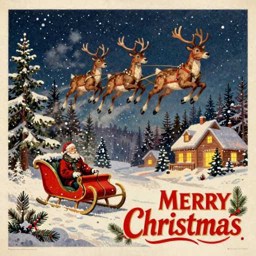 This vintage-style Christmas card features a detailed illustration of Santa Claus in his sleigh, pulled by three reindeer—Dasher, Dancer, Prancer, and Vixen—flying through a starry night sky. The sleigh, adorned with gold trim and a green seat, is positioned in the lower left corner, with Santa dressed in his iconic red suit, white beard, and red hat. The scene is set in a snowy landscape, with a cozy house in the background, complete with a snow-covered roof, glowing windows, and a chimney. The house is surrounded by tall pine trees, some dusted with snow, and a large pine tree stands prominently on the left side of the image. The bottom right corner of the card bears the festive greeting "Merry Christmas" in bold red letters, with a small pine branch and a red berry adding a touch of holiday cheer. The entire image is framed by a beige border, enhancing its nostalgic charm.