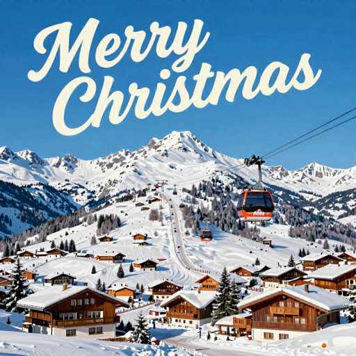 The image depicts a picturesque, snow-covered ski resort nestled in the Alps. Charming wooden chalets dot the slopes, with a ski lift ascending towards snow-capped mountains under a clear blue sky. The overall style is idyllic and festive, conveying a sense of winter wonderland and holiday cheer.