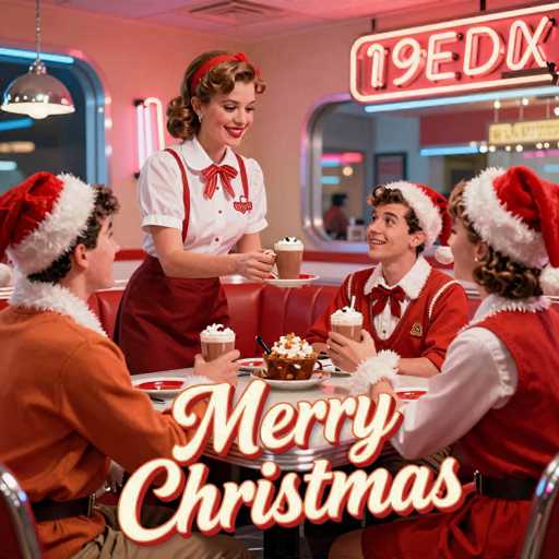 A group of cheerful, retro-clad characters are gathered around a red table in a diner setting. They're all wearing festive Christmas attire, including Santa hats and aprons, with a waitress serving them hot cocoa. The overall style is vintage and heartwarming, evoking a nostalgic Christmas atmosphere with the bright neon signs in the background.