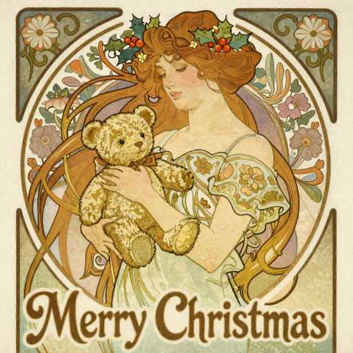This vintage-style Christmas card features a beautifully detailed illustration of a woman with long, flowing red hair adorned with a wreath of holly and berries. She is dressed in a white gown with intricate floral patterns and short sleeves, exuding a classic holiday elegance. The woman is holding a golden teddy bear, which is also decorated with a bow tie, adding a touch of whimsy to the scene. The background is a rich tapestry of various flowers and leaves, enhancing the card's festive and ornate design. At the bottom of the card, the words "Merry Christmas" are prominently displayed in brown letters, completing this charming and nostalgic holiday greeting.