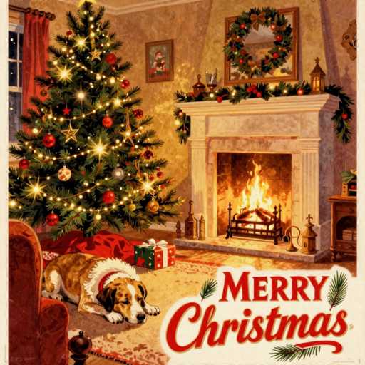 The image is a vintage Christmas card featuring a cozy, warmly lit interior scene. The main focus is a beautifully decorated Christmas tree adorned with ornaments and twinkling lights, positioned prominently in the left corner. A sleeping dog rests at the base of the tree, adding a touch of domestic charm. To the right, a fireplace with a crackling fire is decorated with garland and a wreath, creating a warm ambiance. The overall style is nostalgic and traditional, evoking a sense of holiday warmth and comfort.