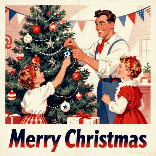 A vintage-style Christmas card illustration with a warm, nostalgic feel. The central focus is a family decorating a Christmas tree. A smiling father and two young girls are gathered around a lush, green Christmas tree adorned with colorful ornaments. The father is carefully hanging a blue and white ornament on the tree, while one of the girls is reaching up to help. The other girl looks on with a happy expression. 

The scene is set in a cozy, festive room with red and white patterned wallpaper and a red and white striped banner hanging above the tree. Wrapped gifts are visible at the base of the tree, adding to the holiday spirit. The card features a bold, red "Merry Christmas" text at the bottom, with a vintage-style font. The overall color palette is rich and vibrant, evoking a sense of warmth and holiday cheer.
