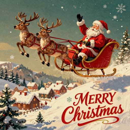 This detailed illustration depicts Santa Claus in his iconic red suit, complete with a white beard, black boots, and a red hat with a white pom-pom. He is seated in a red sleigh trimmed with gold, waving cheerfully with his left hand while his right hand holds the reins of two reindeer. The reindeer, adorned with red harnesses, are pulling the sleigh through a snowy night sky. Below, a picturesque winter scene unfolds with snow-covered houses and a mountain backdrop. Christmas trees and snowflakes are scattered throughout the image, adding to the festive atmosphere. In the bottom right corner, the words "Merry Christmas" are prominently displayed in red cursive, with a gold line underneath the word "Christmas." The overall style of the image is reminiscent of a vintage Christmas card, capturing the magical essence of the holiday season.