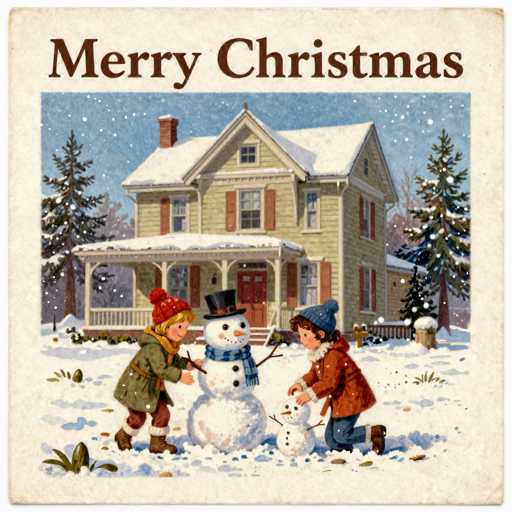 This charming Christmas card illustration features a cozy, two-story house with a snow-covered roof and a welcoming front porch. The house is adorned with brown shutters and a red door, adding a festive touch. In the foreground, two children are joyfully building a snowman. The smaller snowman, complete with a carrot nose, stick arms, and a coal-black button, stands beside a larger snowman that the children are actively decorating. The child on the left, a blonde boy, wears a red beanie, a green jacket, and brown pants. The child on the right, a girl with brown hair, is dressed in a blue beanie, a red jacket, and blue pants. The scene is set against a backdrop of snow-covered ground and pine trees, with snow gently falling from a clear blue sky. At the top of the card, "Merry Christmas" is written in brown letters, capturing the spirit of the holiday season.
