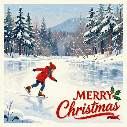 This detailed illustration depicts a festive Christmas scene, reminiscent of a vintage greeting card. The image features a young boy ice skating on a frozen pond, surrounded by a picturesque winter landscape. He is dressed in a red coat, blue jeans, brown boots, and a red hat, with a gray scarf wrapped around his neck. The pond, encircled by snow-covered pine trees, reflects the serene beauty of the setting. In the background, a majestic mountain rises under a light blue sky dotted with white snowflakes. The bottom right corner of the image bears the festive message "Merry Christmas" in elegant red cursive, adorned with a small holly leaf and berries. The entire scene is framed by a white border, enhancing its classic holiday charm.