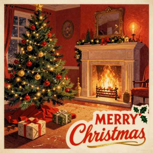 This image depicts a charming, vintage-style Christmas scene reminiscent of a 1950s or 1960s holiday card. The setting is a cozy living room with a warm, festive atmosphere. Dominating the left side of the room is a beautifully decorated Christmas tree adorned with red and gold ornaments and crowned with a golden star. Beneath the tree, several wrapped presents are neatly arranged. To the right, a white fireplace with a roaring fire adds to the room's warmth, flanked by a mirror above the mantel and a candle in a holder. The mantel is festooned with garlands, a large red bow, and a small Christmas tree. A window on the left side of the room reveals a snowy night outside, enhancing the holiday spirit. The walls are painted a deep red, and the floor is wooden with a beige carpet. In the bottom right corner, the words "Merry Christmas" are written in red cursive, accompanied by a small sprig of holly. The overall scene captures the essence of a nostalgic, idyllic Christmas celebration.
